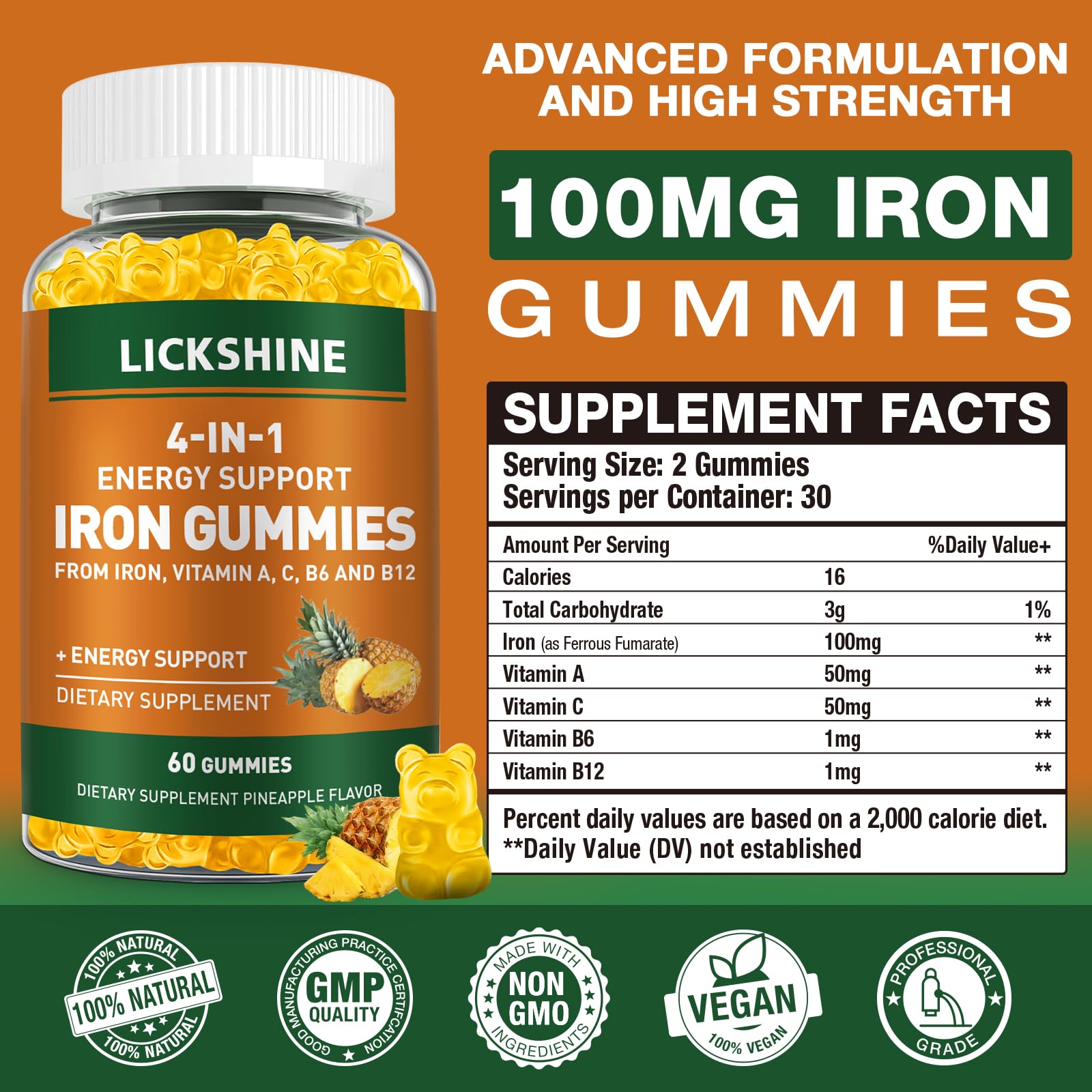 2 Pack Vegan Iron Gummies 100mg – Pineapple Flavor, Vitamin C, A and B – 120 Ct