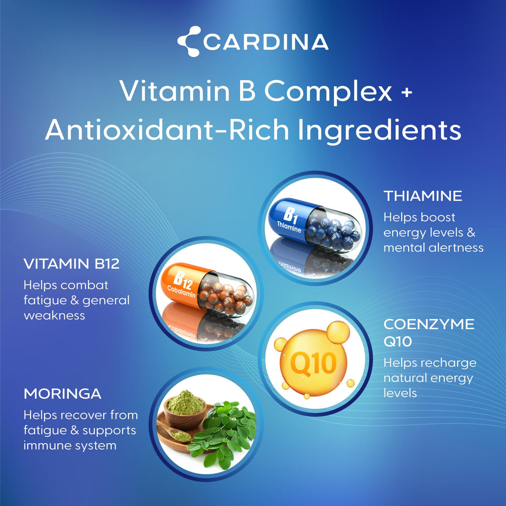 Cardina B12 Vitamins for Women and Men – Brain Memory & Focus Support with Thiamine B1 & COQ10 | 60 Ct