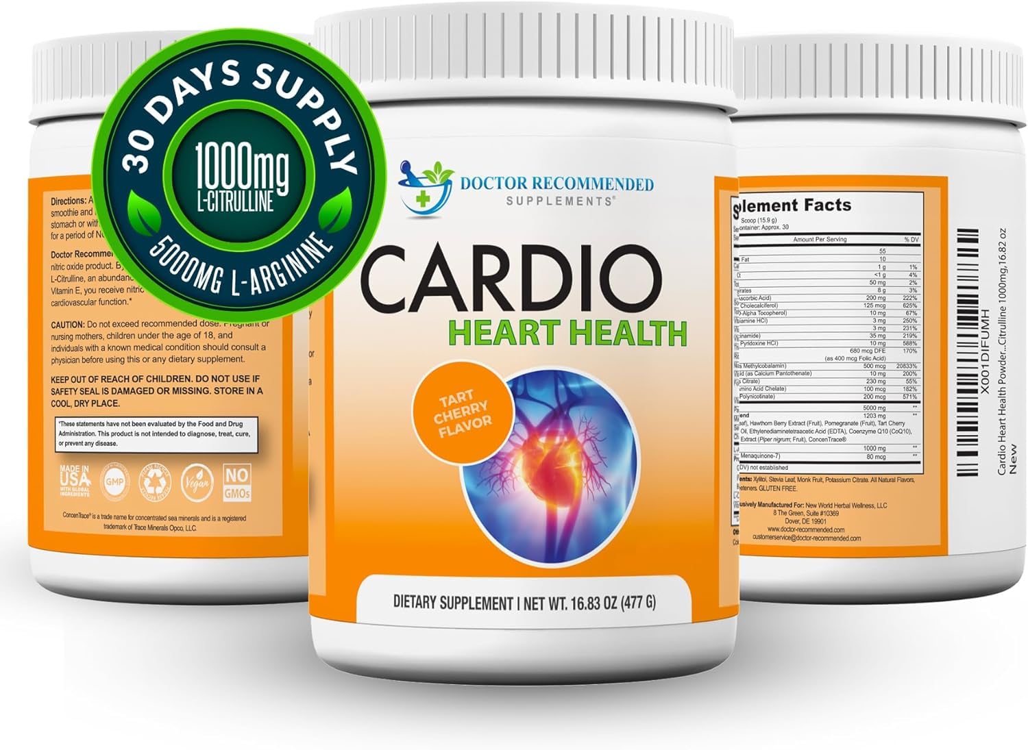Cardio Heart Health Powder – L-Arginine 5000mg & L-Citrulline 1000mg (16.82 oz)