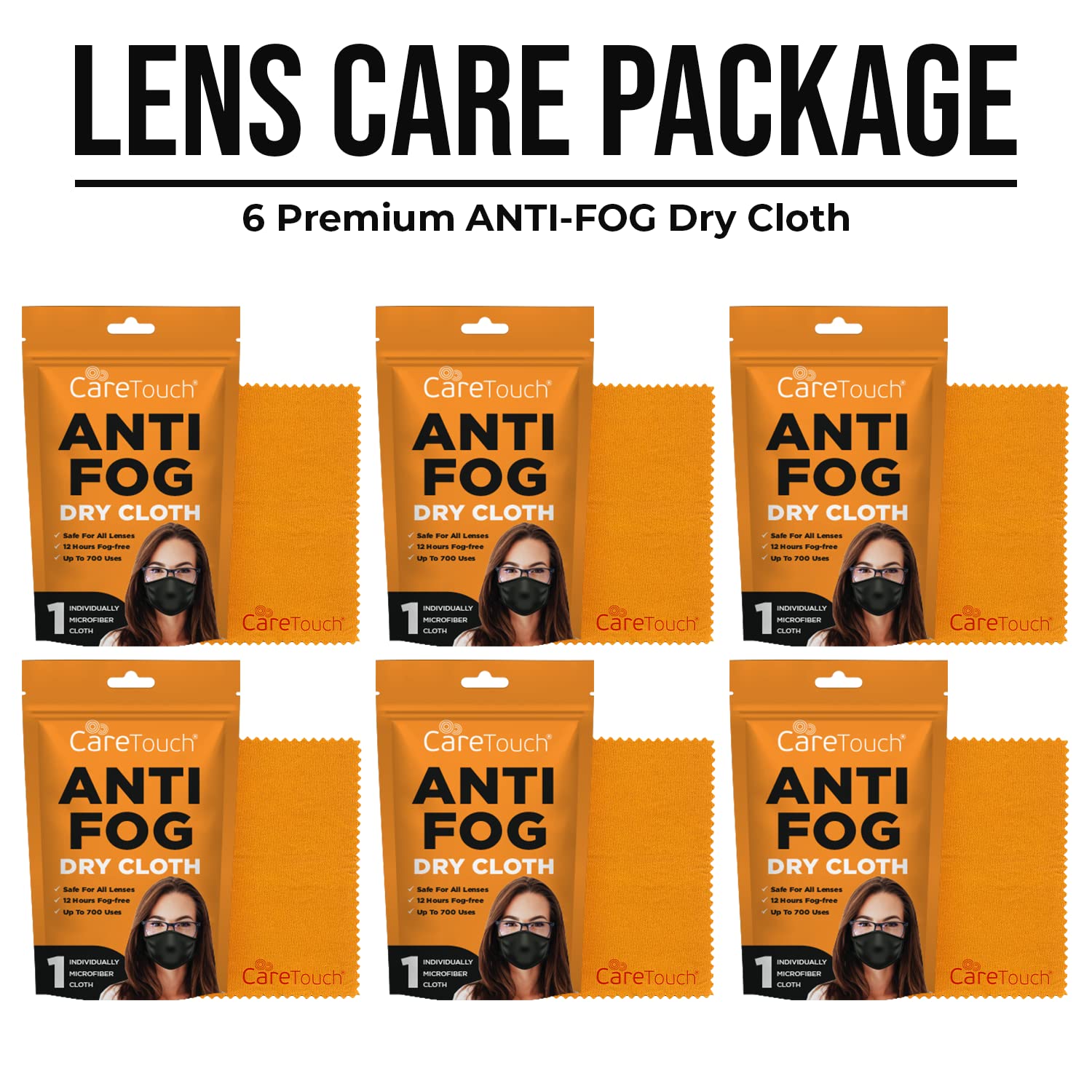 Care Touch Anti-Fog Dry Cloth – 6-Pack Microfiber Wipes for Glasses, Reusable Suede Cloth