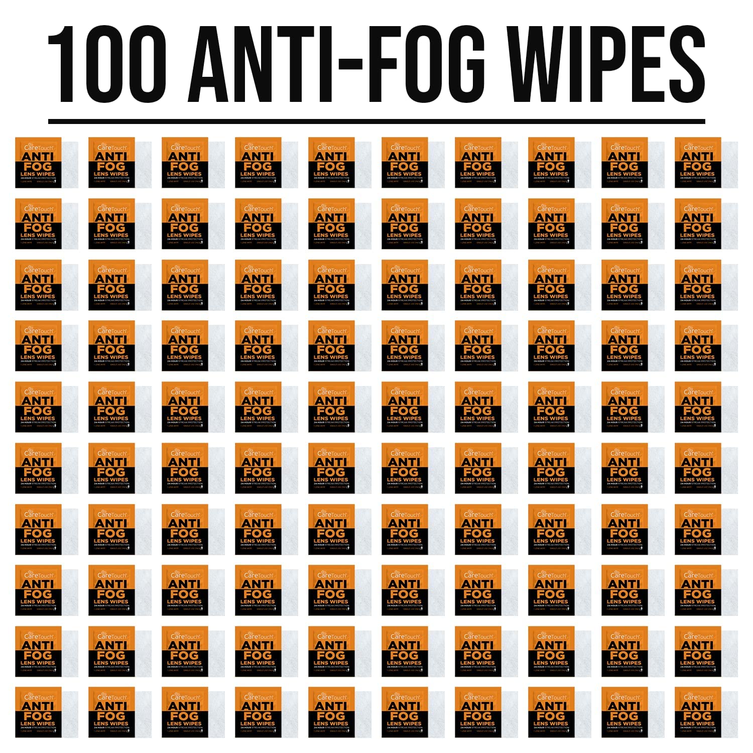 Care Touch Anti-Fog Wipes for Glasses - 100 Individually Wrapped Lenses Wipes