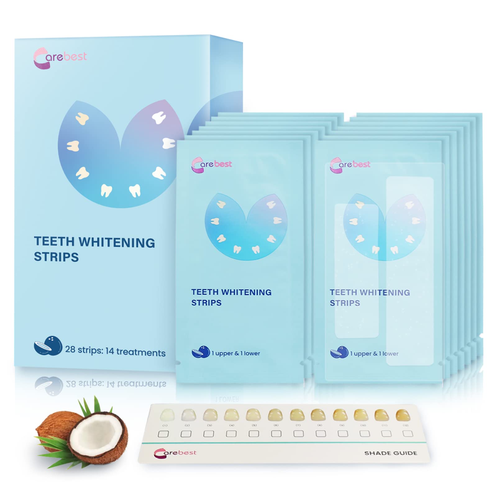 Carebest Teeth Whitening Strips - Sensitive Teeth Safe Whitening Kit, Enamel Safe Coconut Whitener | 28 Strips