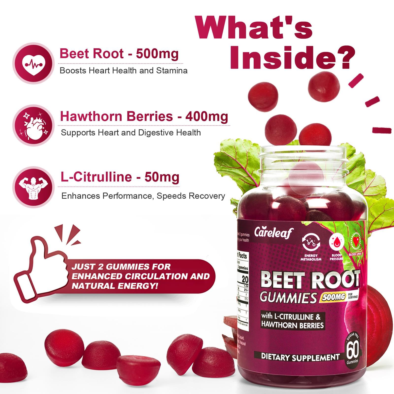 CareLeaf Sugar Free Vegan Beet Root Gummies for Blood Pressure – Peach Flavor, 60 Count