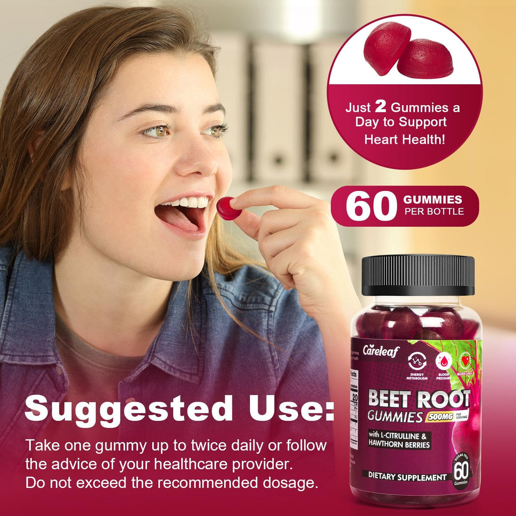 CareLeaf Sugar Free Vegan Beet Root Gummies for Blood Pressure – Peach Flavor, 60 Count