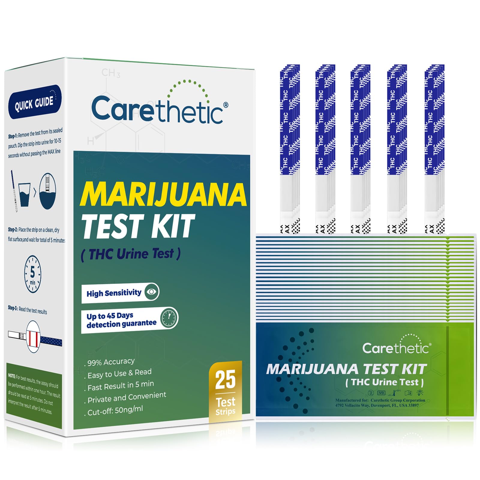 Carethetic THC Drug Test Kit - 25 Pack | FDA-Cleared Urine Test Strips