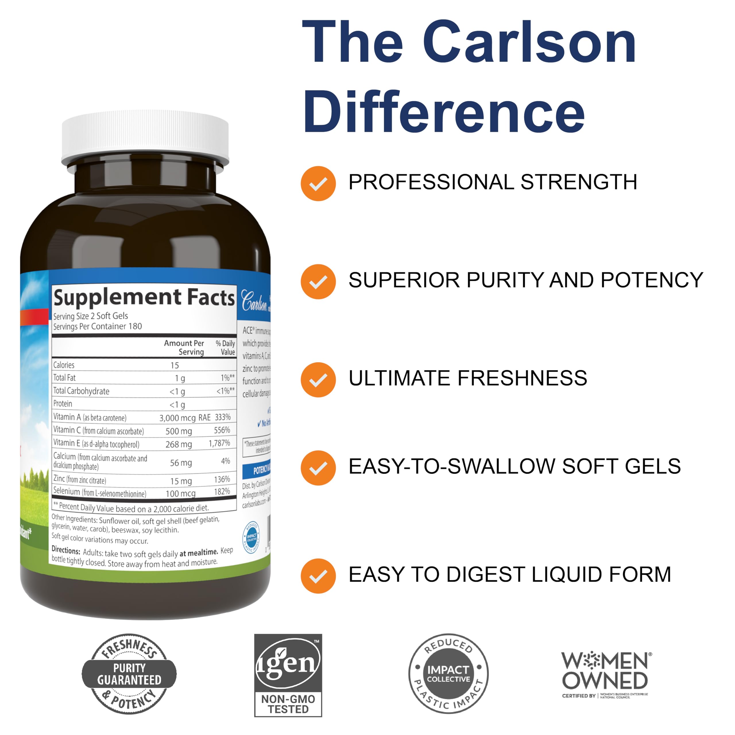 Carlson ACES + Zn Multivitamin with Zinc – Immune Support, Antioxidants, 360 Softgels