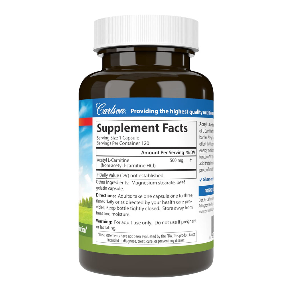 Carlson Acetyl L-Carnitine 500 mg – Cognitive Health, Brain Function & Energy | 120 Capsules