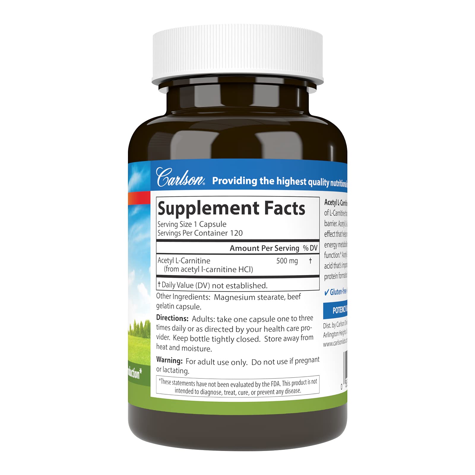 Carlson Acetyl L-Carnitine 500 mg – Cognitive Health, Brain Function & Energy | 120 Capsules