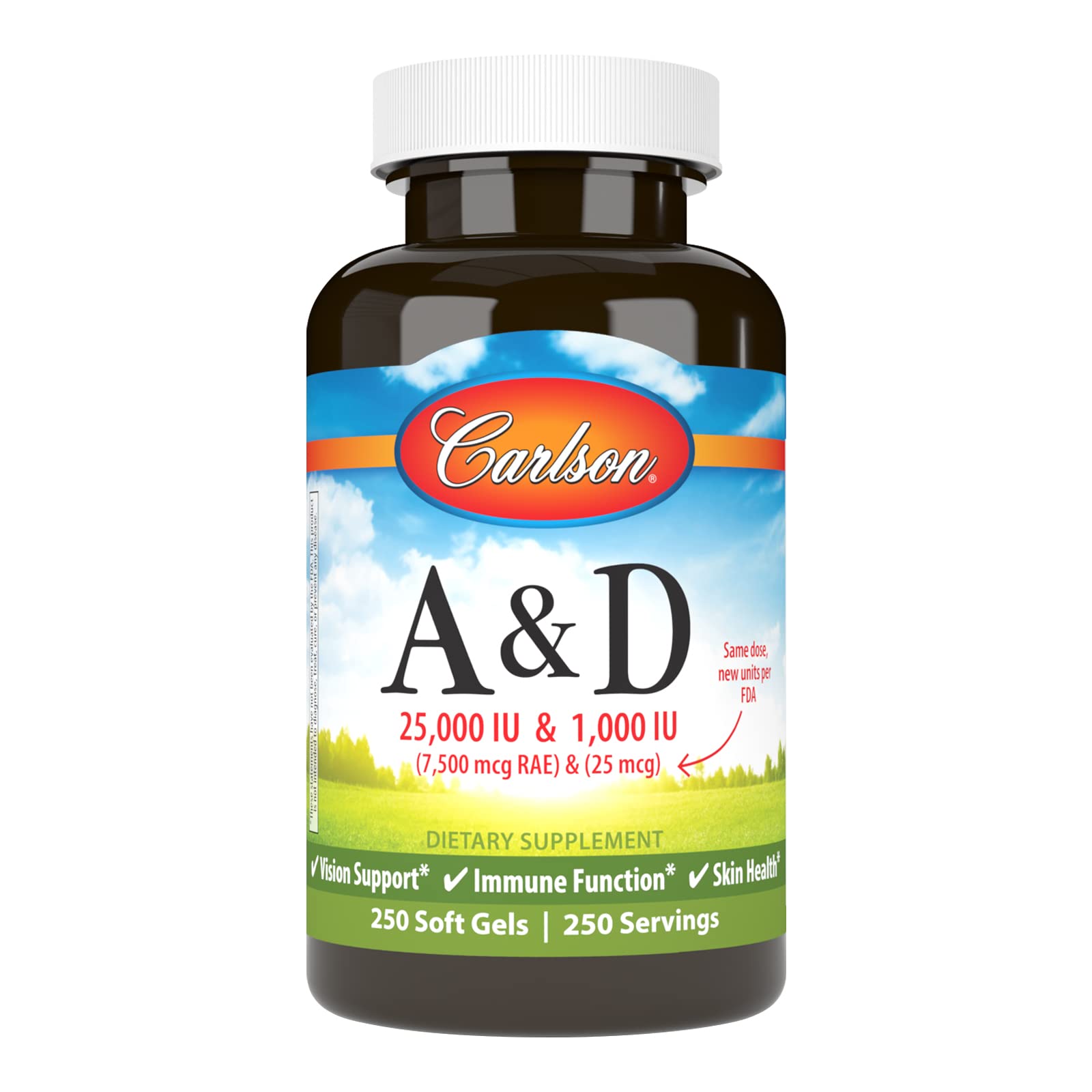 Carlson A&D Vitamin A & D Softgels – Vision & Skin Health | 25,000 IU / 1,000 IU | 250 Softgels