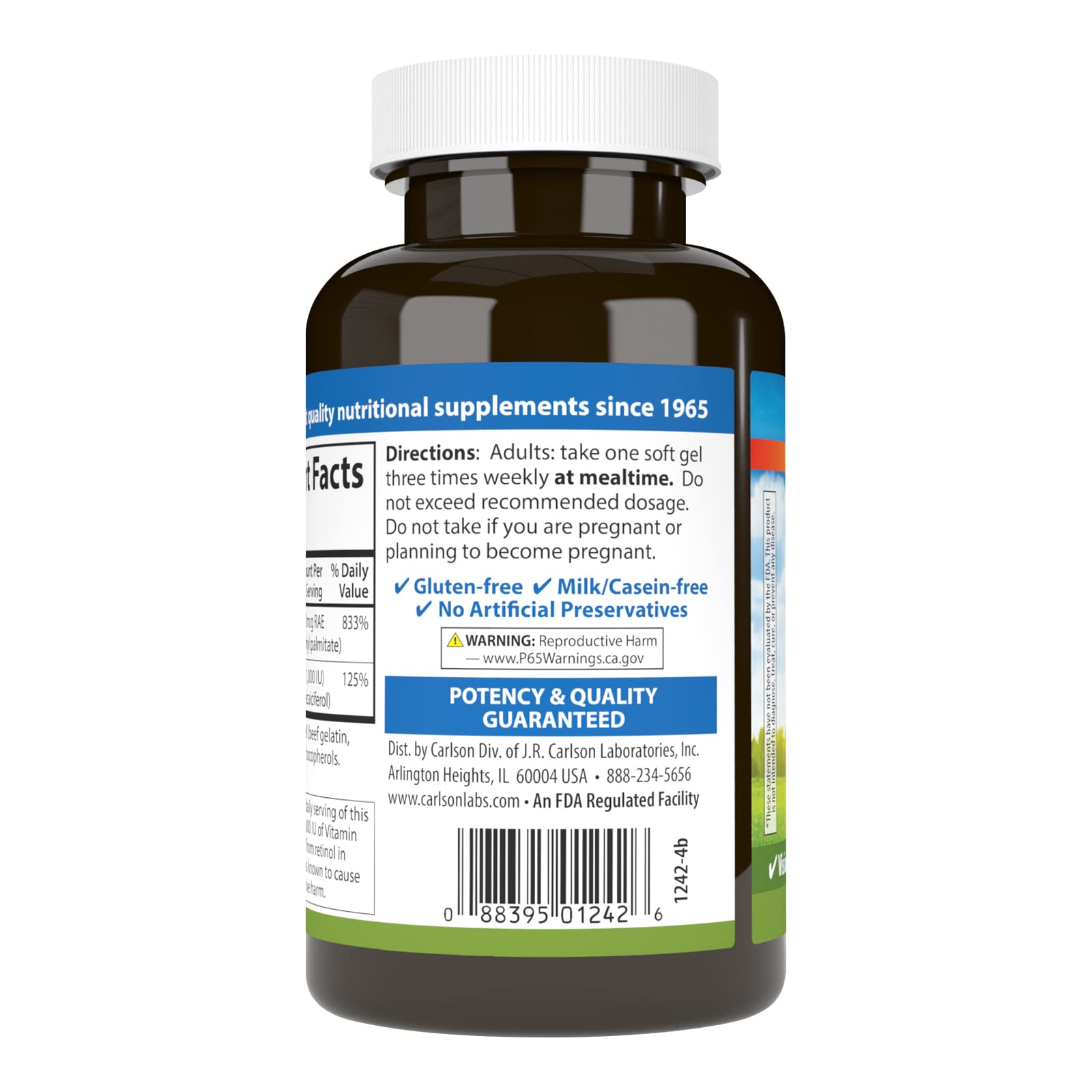 Carlson A&D Vitamin A & D Softgels – Vision & Skin Health | 25,000 IU / 1,000 IU | 250 Softgels