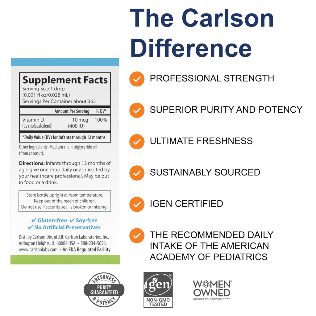 Carlson Baby D3 400 IU Drops – 365 Drops, Vegetarian & Unflavored