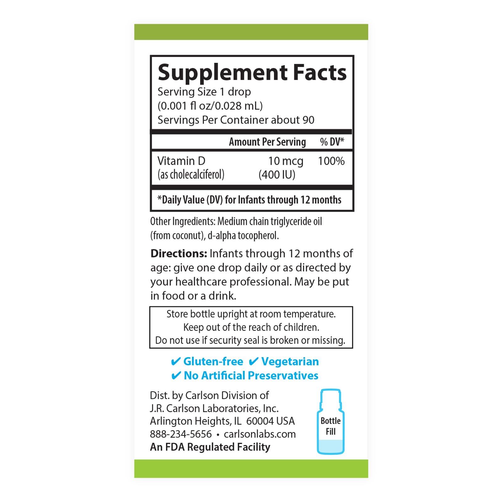 Carlson Baby D3 Drops – 400 IU, Algae-Sourced, Vegetarian Vitamin D for Infants & Toddlers