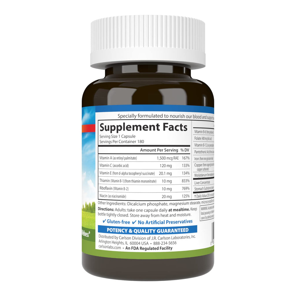 Carlson Blood Nutrients 28 mg Iron, 180 Capsules