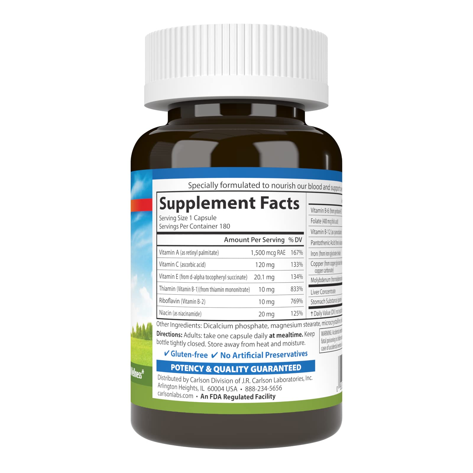 Carlson Blood Nutrients 28 mg Iron, 180 Capsules