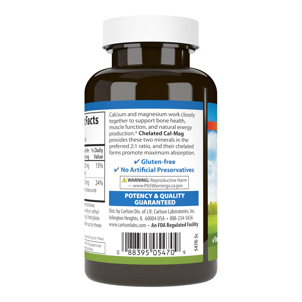 Carlson Chelated Cal-Mag 2:1 | Bone Support, Muscle Function & Energy | 60 Tablets (Pack of 2)