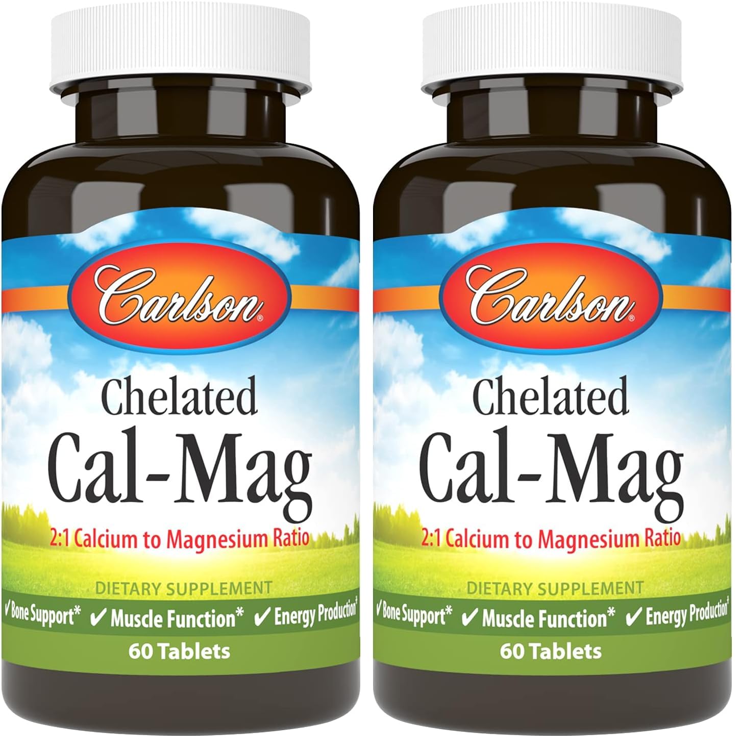 Carlson Chelated Cal-Mag 2:1 | Bone Support, Muscle Function & Energy | 60 Tablets (Pack of 2)