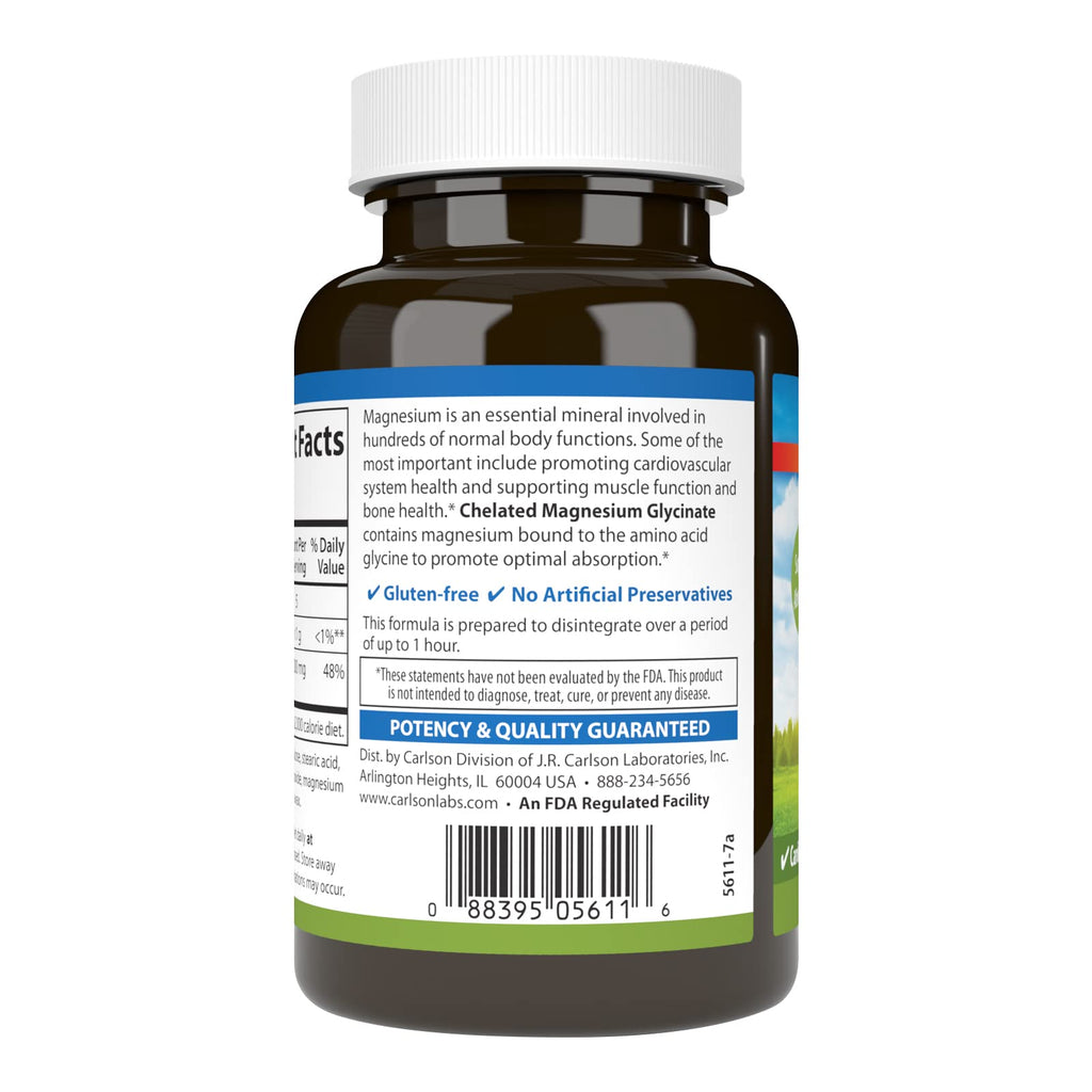 Carlson Chelated Magnesium 200 mg - Superior Absorption for Heart, Muscle & Bone Support | 90 Tablets