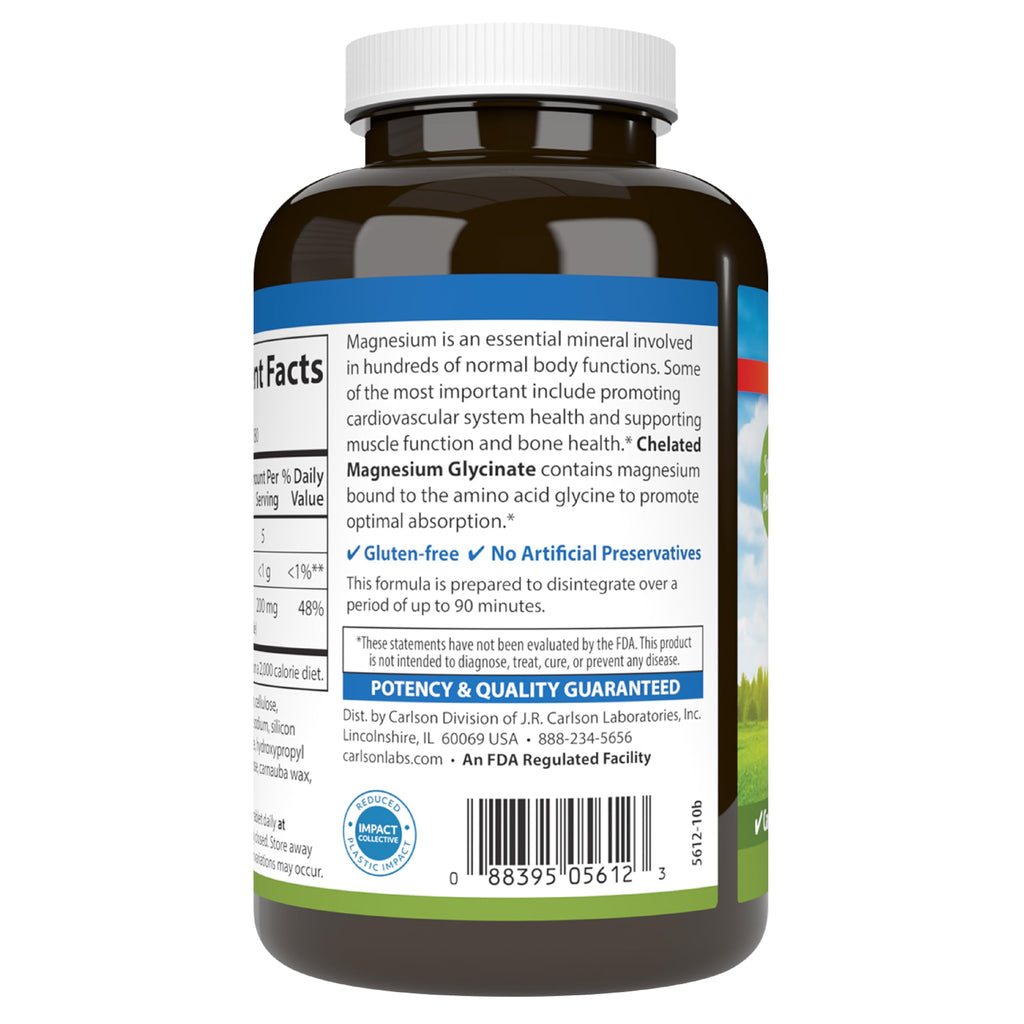Carlson Chelated Magnesium 200mg – 180 Tablets | Magnesium Glycinate Chelate Supplement
