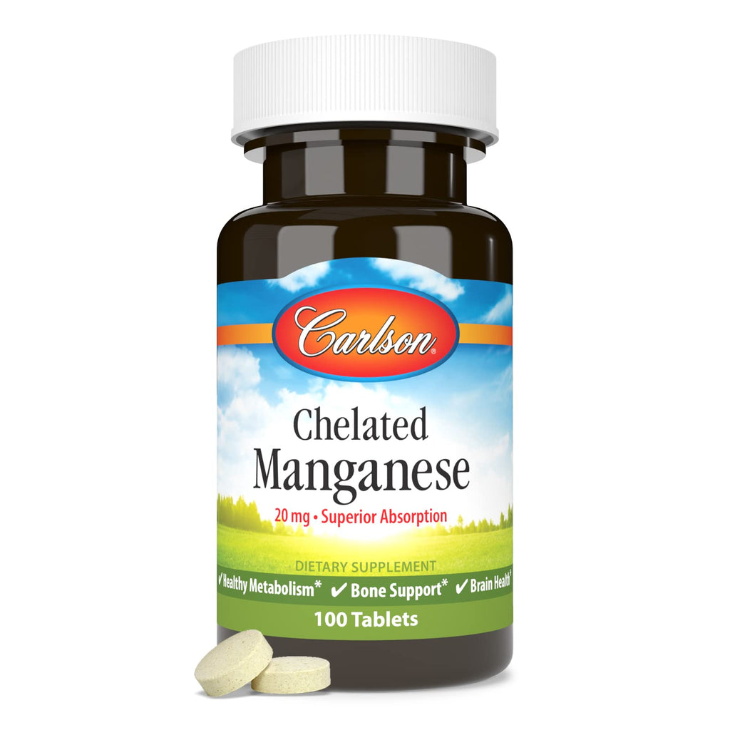 Carlson Chelated Manganese 20 mg – Superior Absorption, Bone & Brain Health | 100 Tablets