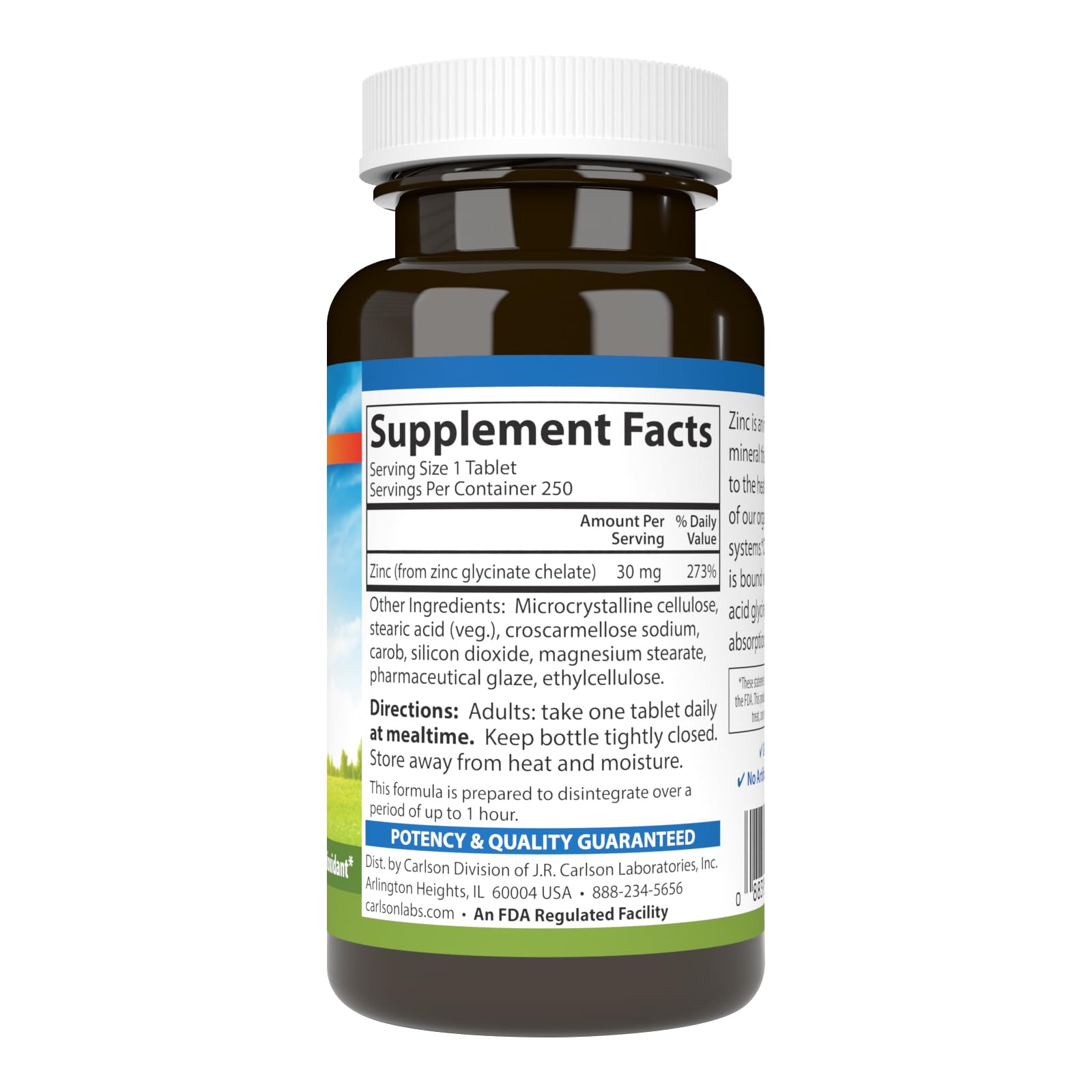 Carlson Chelated Zinc 30 mg – Zinc Glycinate Chelate Supplement – Superior Absorption, Immune & Enzyme Support, Antioxidant, 250 Tablets