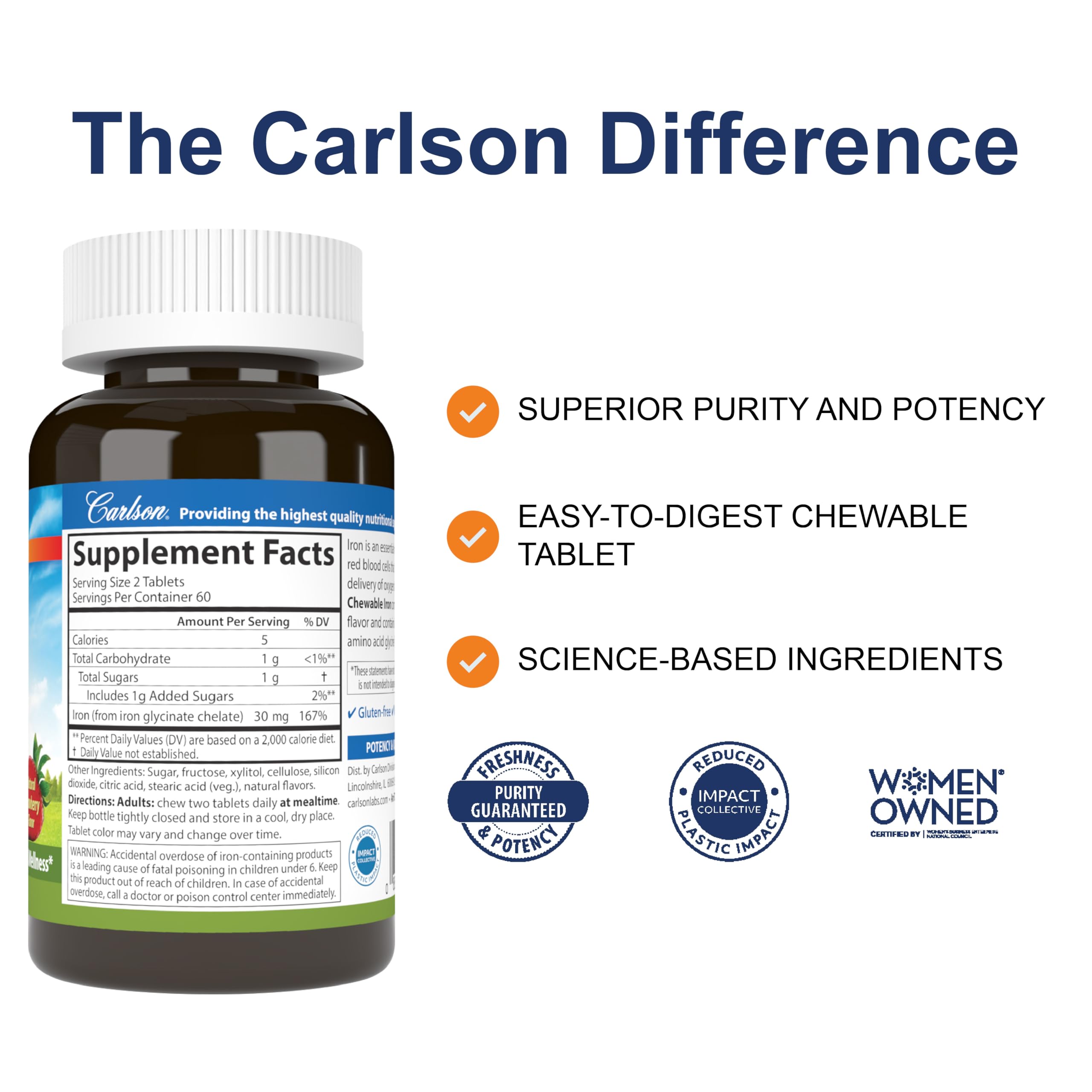 Carlson Chewable Iron 30 mg – Superior Absorption, Blood Health & Energy | Strawberry Flavor | Pack of 2 (240 Tablets)