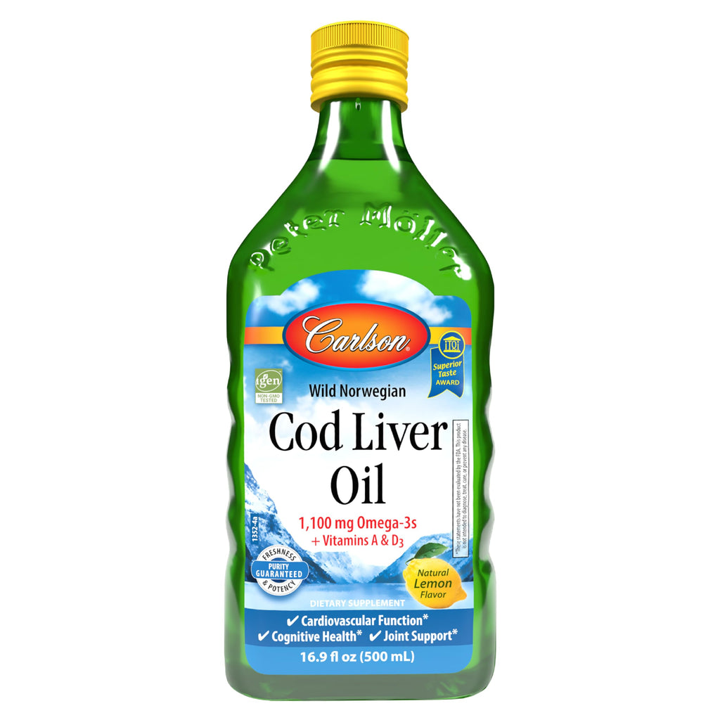 Carlson Cod Liver Oil 1100 mg Omega-3s + Vitamins A & D3 — Wild-Caught Nordic Arctic, Lemon, 500 mL