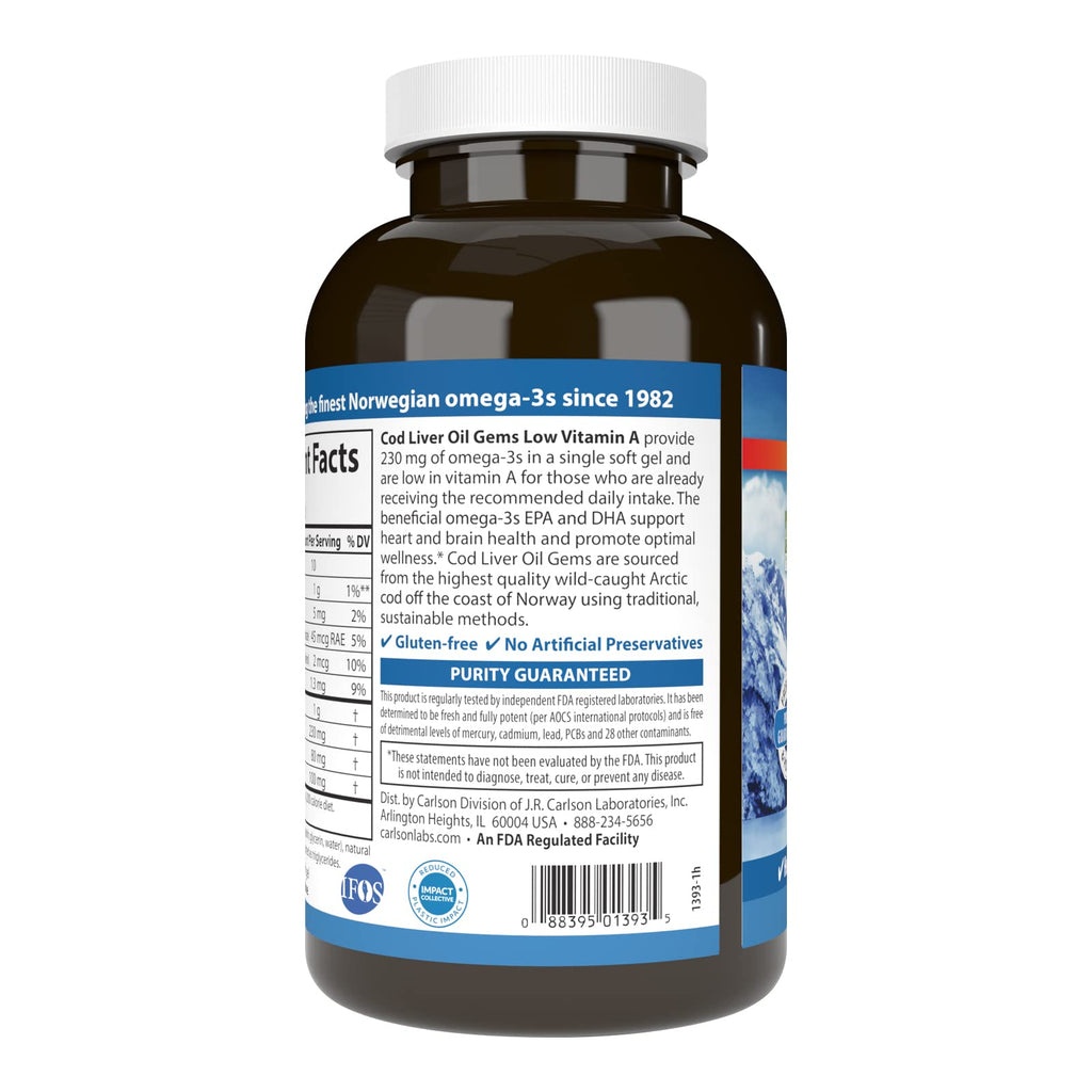 Carlson Cod Liver Oil Gems - Low Vitamin A, 230 mg Omega-3s, Wild-Caught Norwegian, 300 Softgels