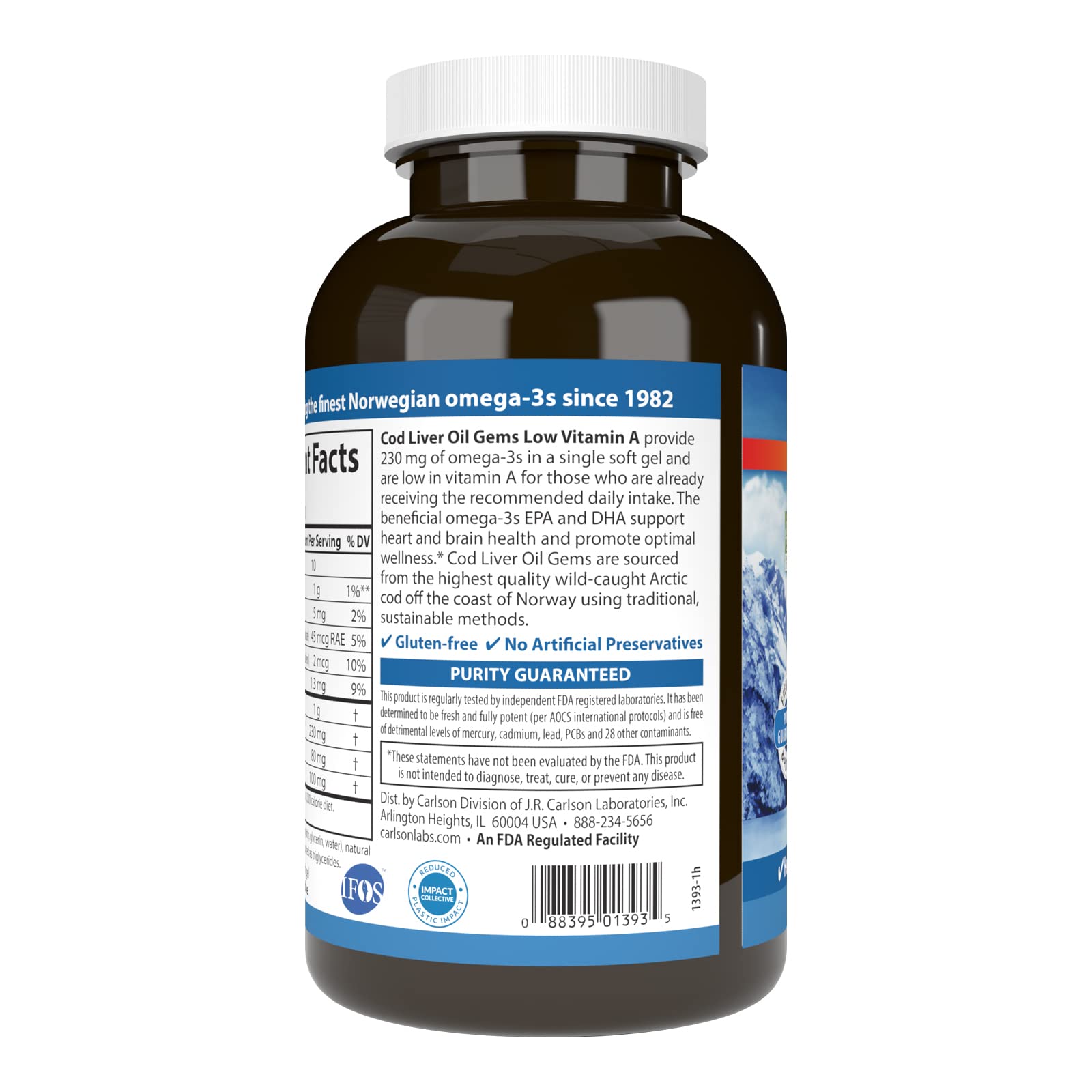 Carlson Cod Liver Oil Gems - Low Vitamin A, 230 mg Omega-3s, Wild-Caught Norwegian, 300 Softgels