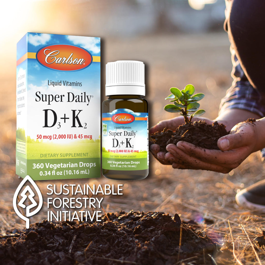 Carlson Super Daily D3 + K2 – 50 mcg D3 + 45 mcg MK-7 per serving | Heart & Bone Health | 360 Drops (10.16 ml)