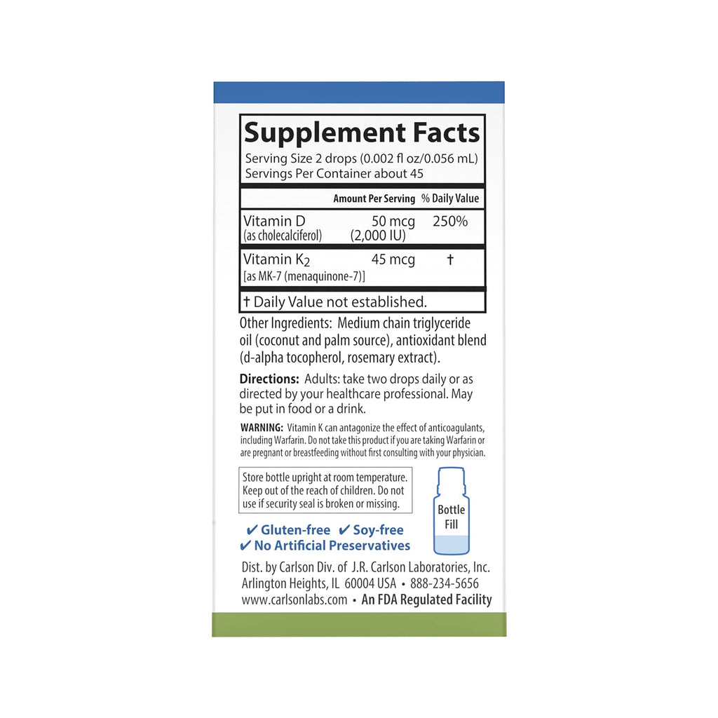Carlson Super Daily D3 + K2 | 50 mcg D3, 45 mcg MK-7 | 90 Drops