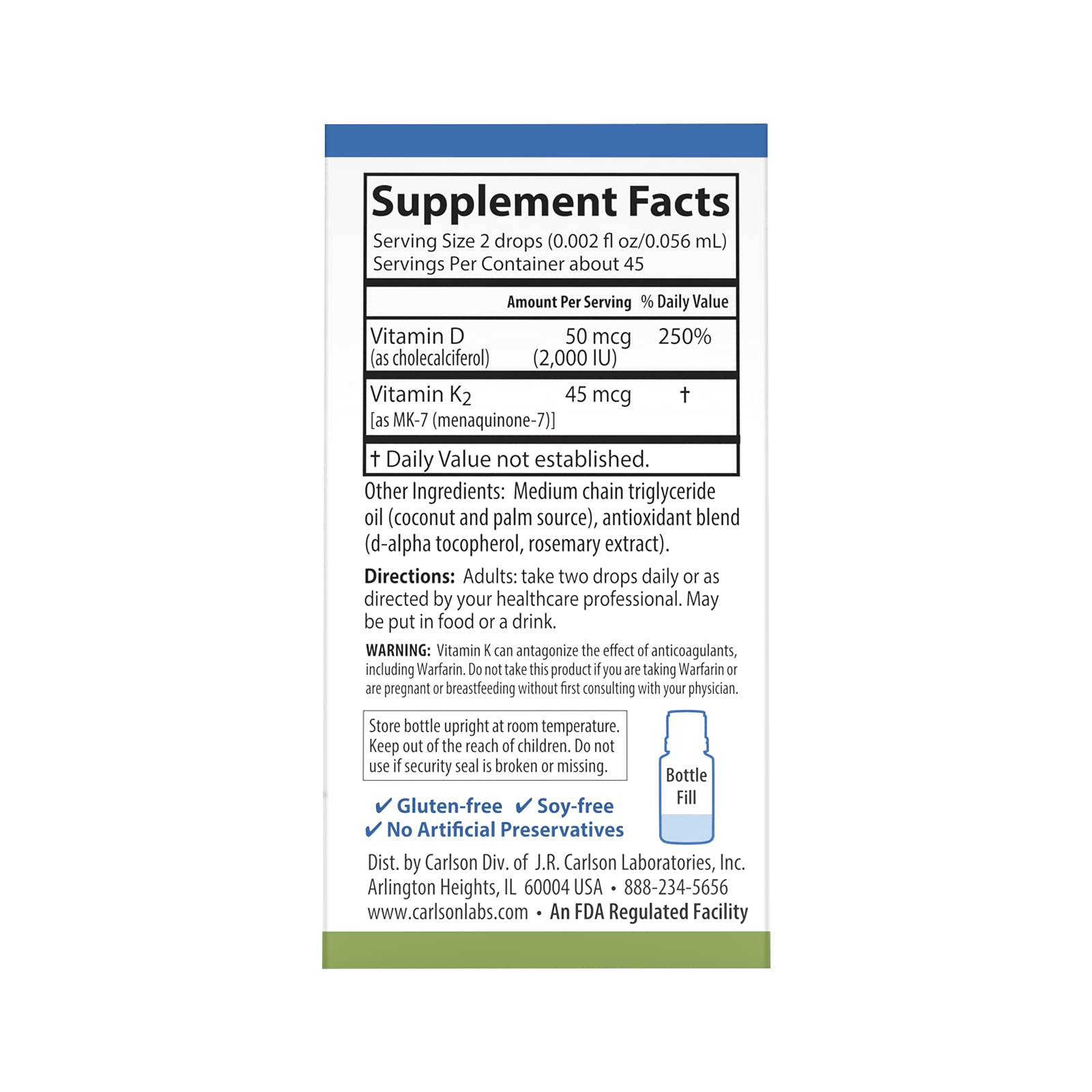 Carlson Super Daily D3 + K2 | 50 mcg D3, 45 mcg MK-7 | 90 Drops