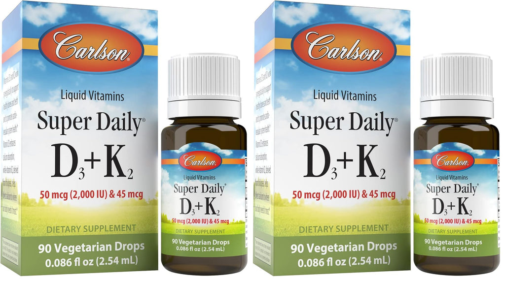 Carlson Super Daily D3 + K2, 50 mcg D3 + 45 mcg MK-7 | Heart & Bone Health | 90 Drops (Pack of 2)