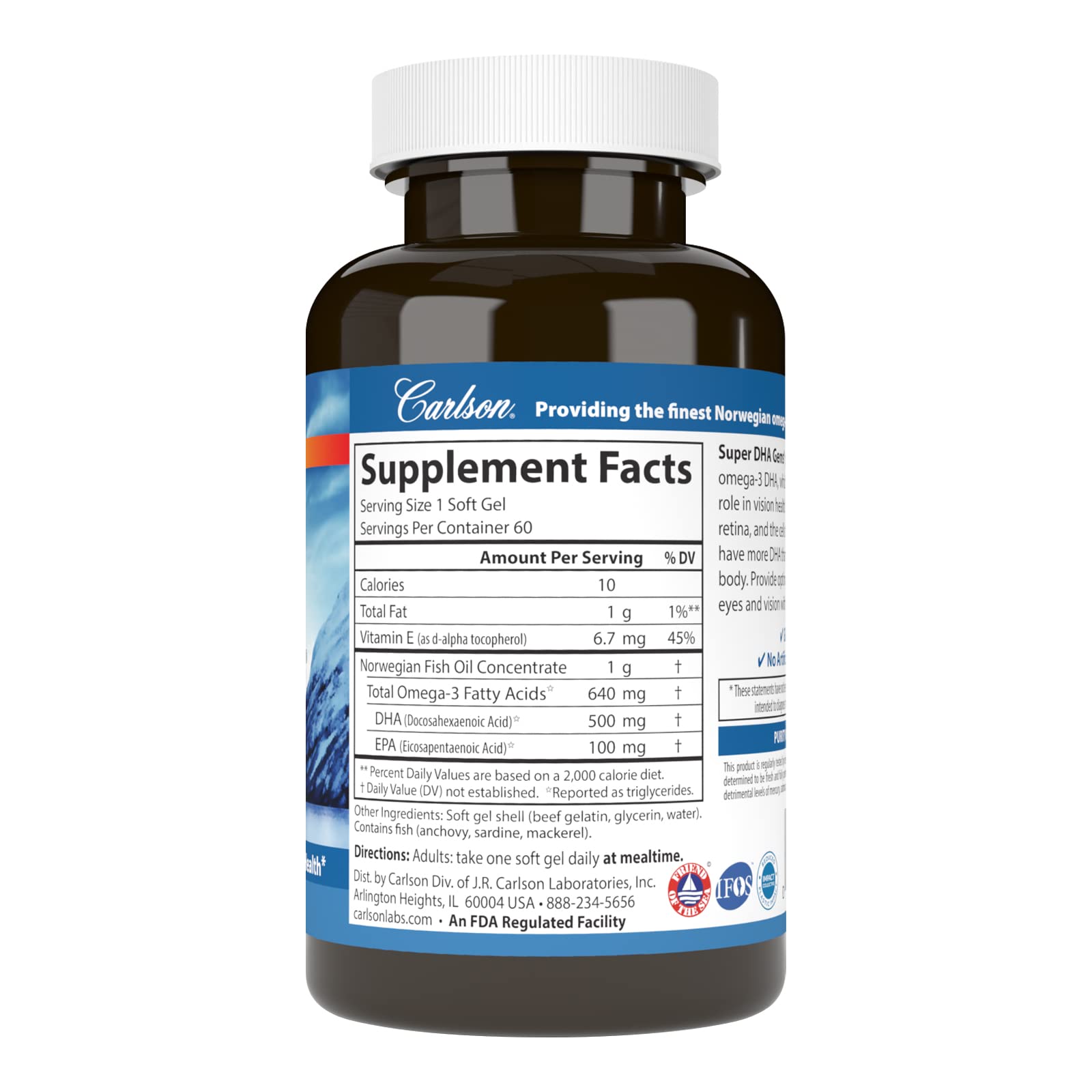 Carlson Super DHA Gems - 500 mg DHA, Norwegian Fish Oil, 60 Softgels