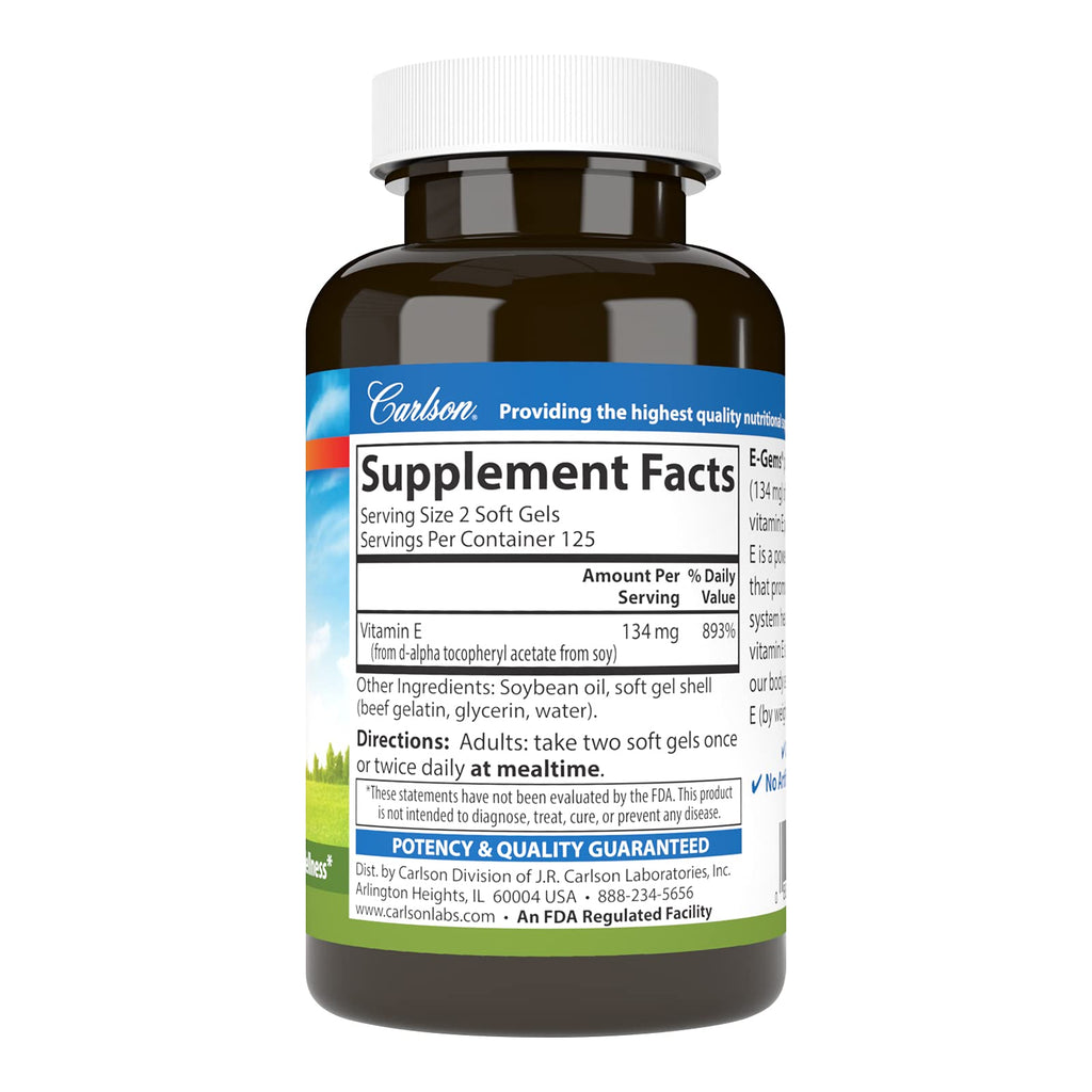 Carlson E-Gems 200 IU Vitamin E – Natural Source, 250 Soft Gels