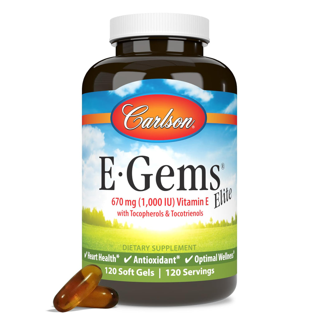 Carlson E-Gems Elite 1000 IU Vitamin E — Heart Health, Tocopherols & Tocotrienols, 120 Soft Gels
