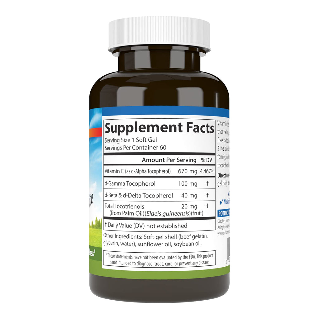 Carlson E-Gems Elite Vitamin E 1000 IU – Tocopherols & Tocotrienols, 60 Softgels