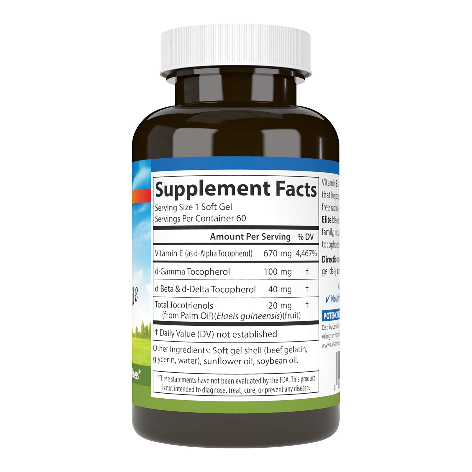 Carlson E-Gems Elite Vitamin E 1000 IU – Tocopherols & Tocotrienols, 60 Softgels