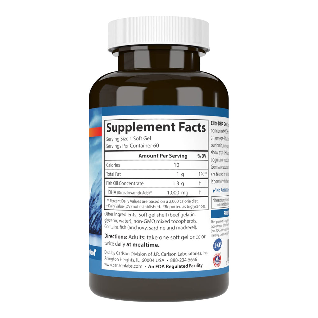 Carlson Elite DHA Gems 1000 mg DHA – Wild-Caught, Sustainably Sourced, 60 Softgels