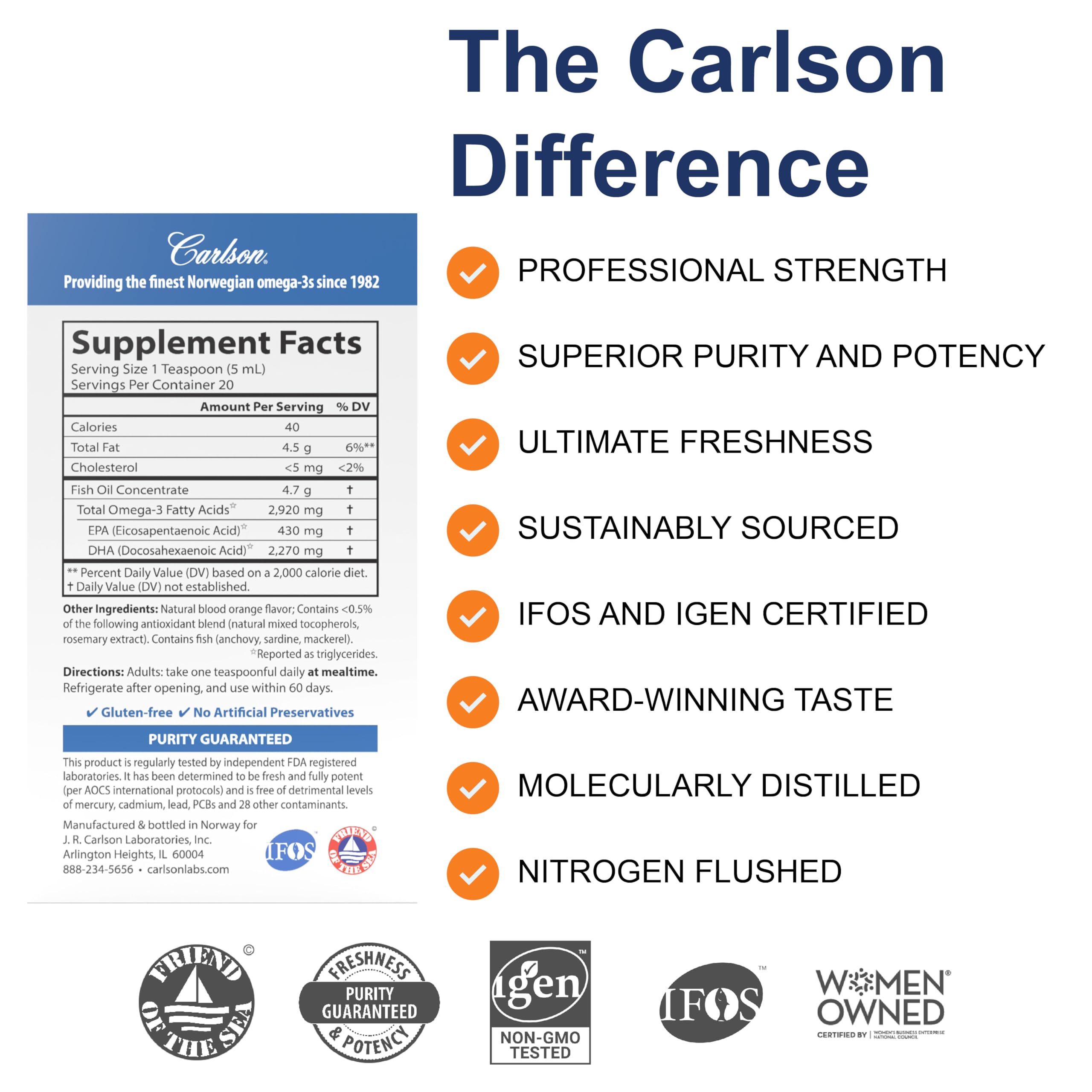 Carlson Elite DHA – 2,270 mg DHA per Teaspoon, Norwegian Fish Oil, Orange Flavor