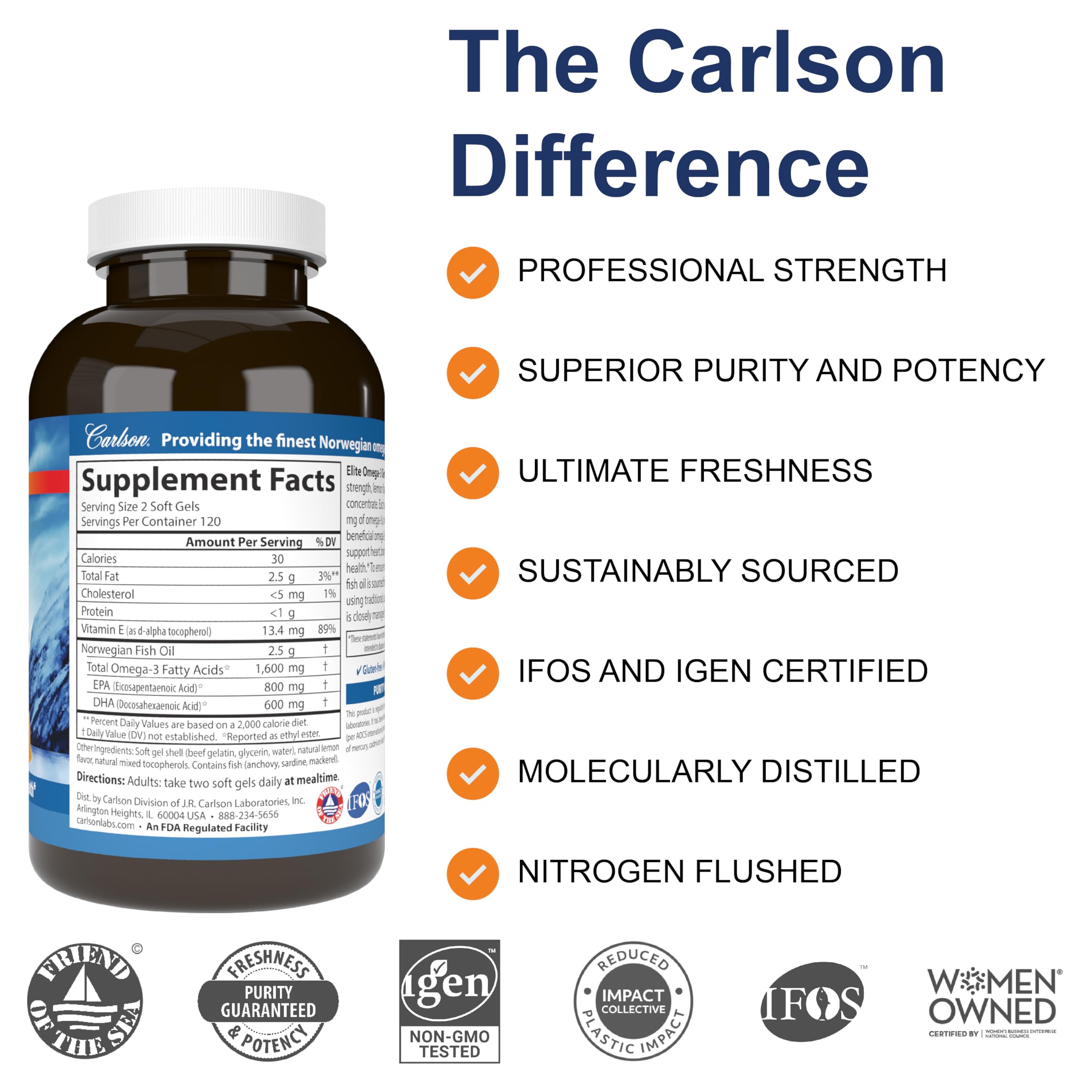 Carlson Elite Omega-3 Gems Lemon 1600 mg | Wild-Caught Norwegian Fish Oil, 240 Softgels