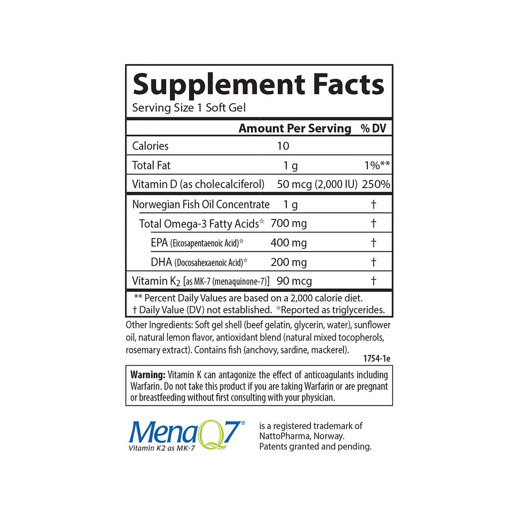 Carlson Elite Omega-3 Plus D & K - 700 mg EPA/DHA + D3 & K2, Lemon | Bone Health & Immune Support