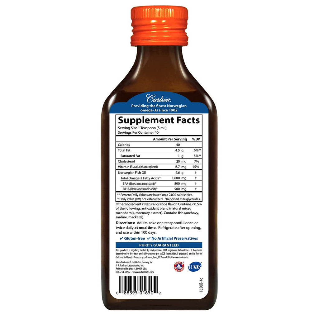 Carlson - The Very Finest Fish Oil, 1600 mg Omega-3, Orange, 6.7 Fl Oz
