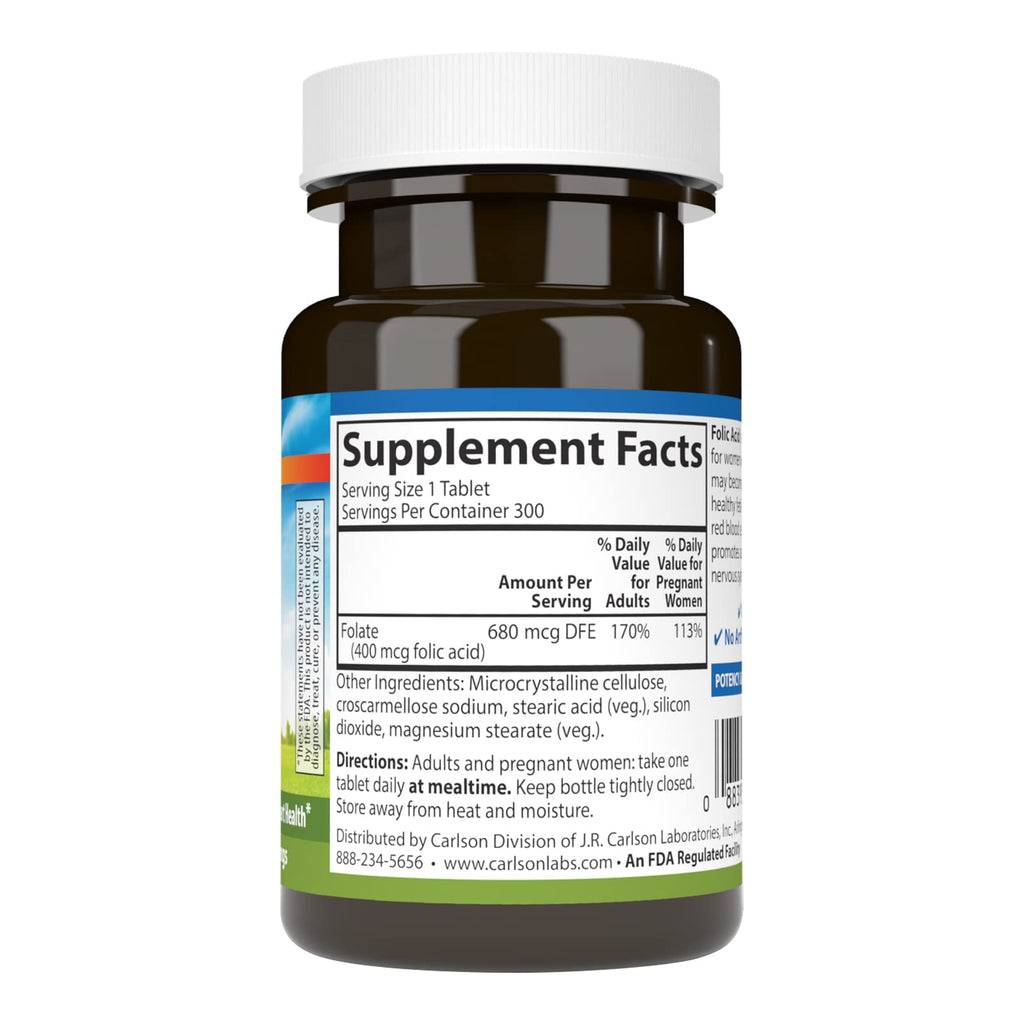 Carlson Folic Acid 400 mcg | Prenatal Support & Fetal Development | 300 Tablets (Pack of 2)