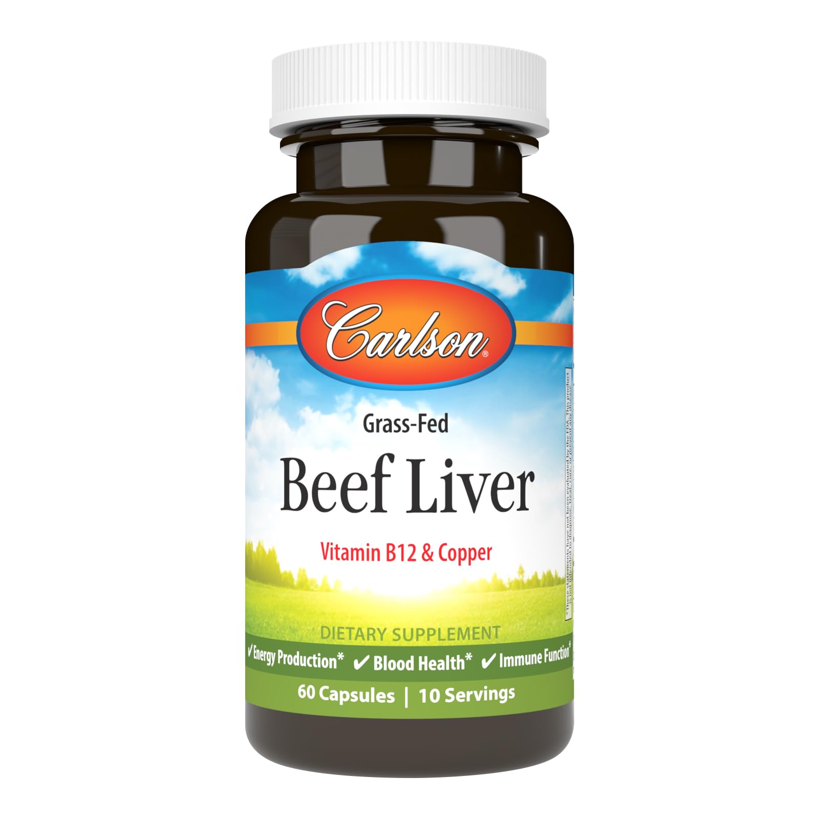 Carlson Grass-Fed Beef Liver - 60 Capsules | Iron & Copper for Energy & Blood Health