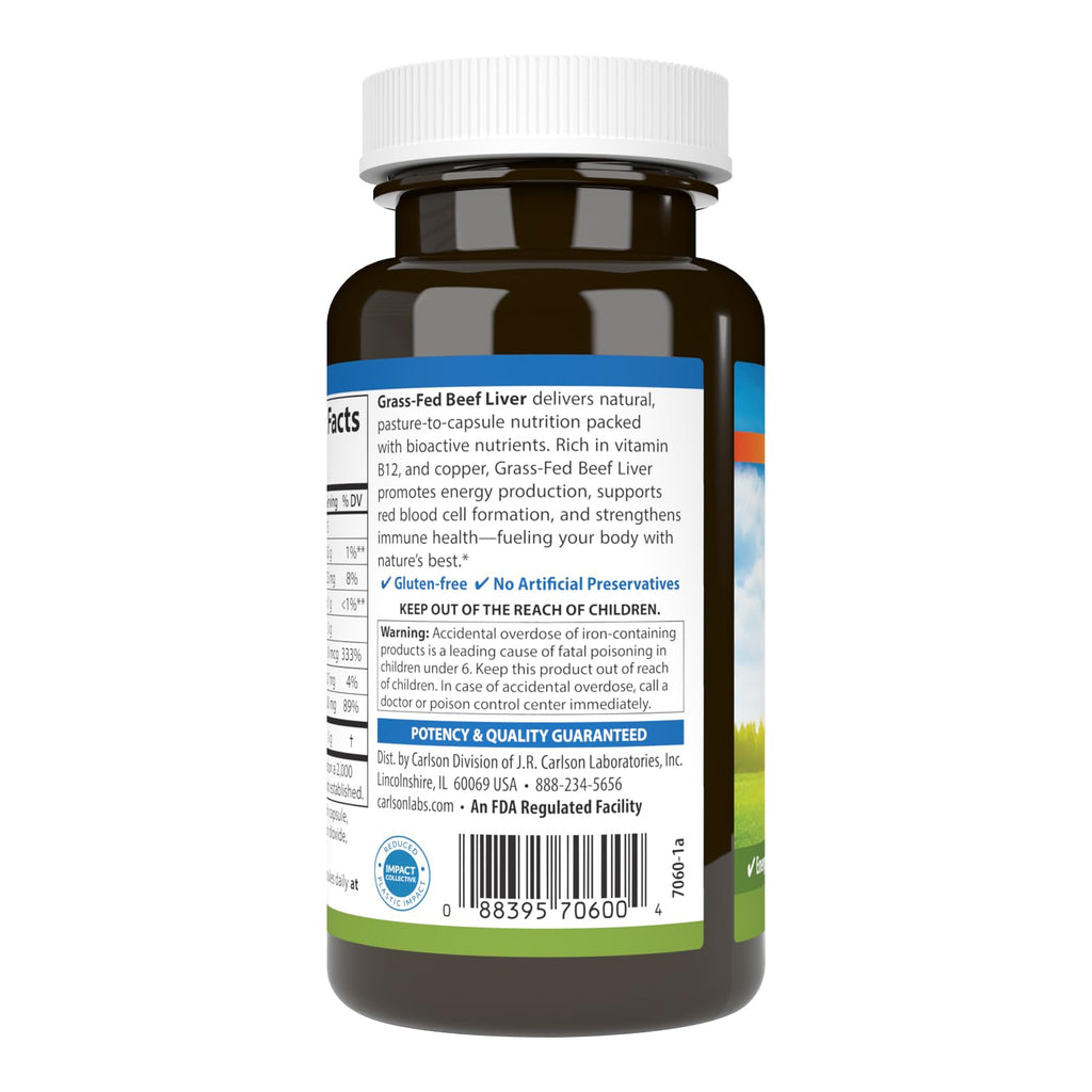 Carlson Grass-Fed Beef Liver - 60 Capsules | Iron & Copper for Energy & Blood Health