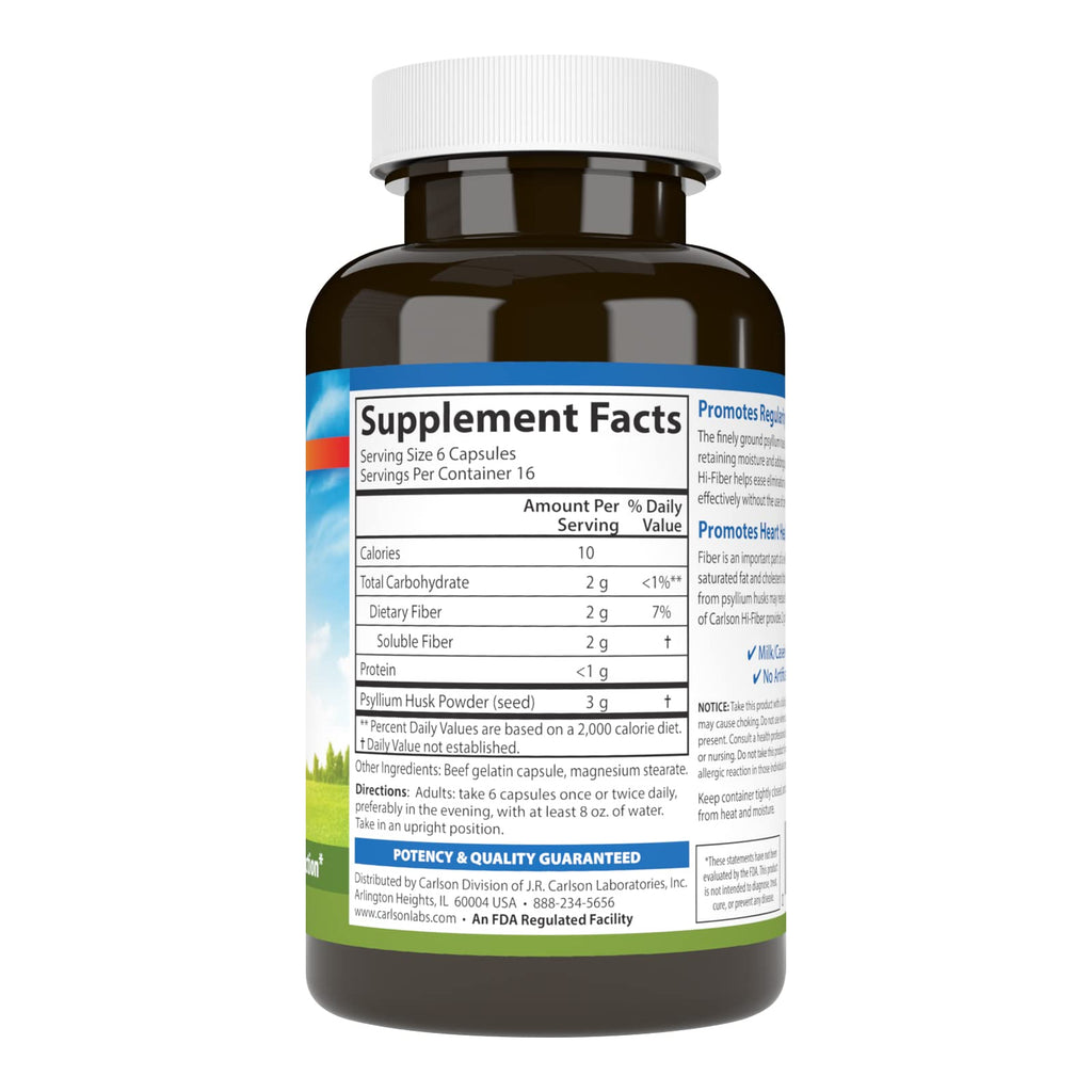 Carlson Hi-Fiber Psyllium Husk Capsules 3 g – Regularity, Colon Health & Heart Function | 100 Capsules