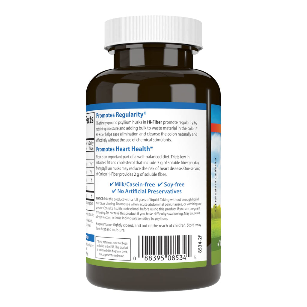 Carlson Hi-Fiber Psyllium Husk Capsules 3 g – Regularity, Colon Health & Heart Function | 100 Capsules