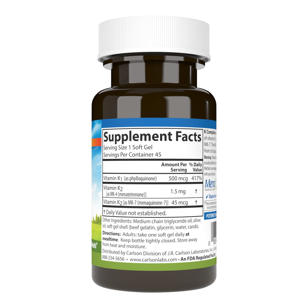 Carlson K Complete – K1 & K2 MK-4 MK-7 for Bone & Cardiovascular Health | 45 Softgels