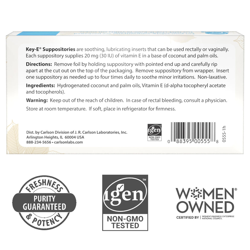 Carlson Key-E Suppositories - 30 IU Vitamin E, Moisturizing Vaginal & Rectal Use, 12 Count