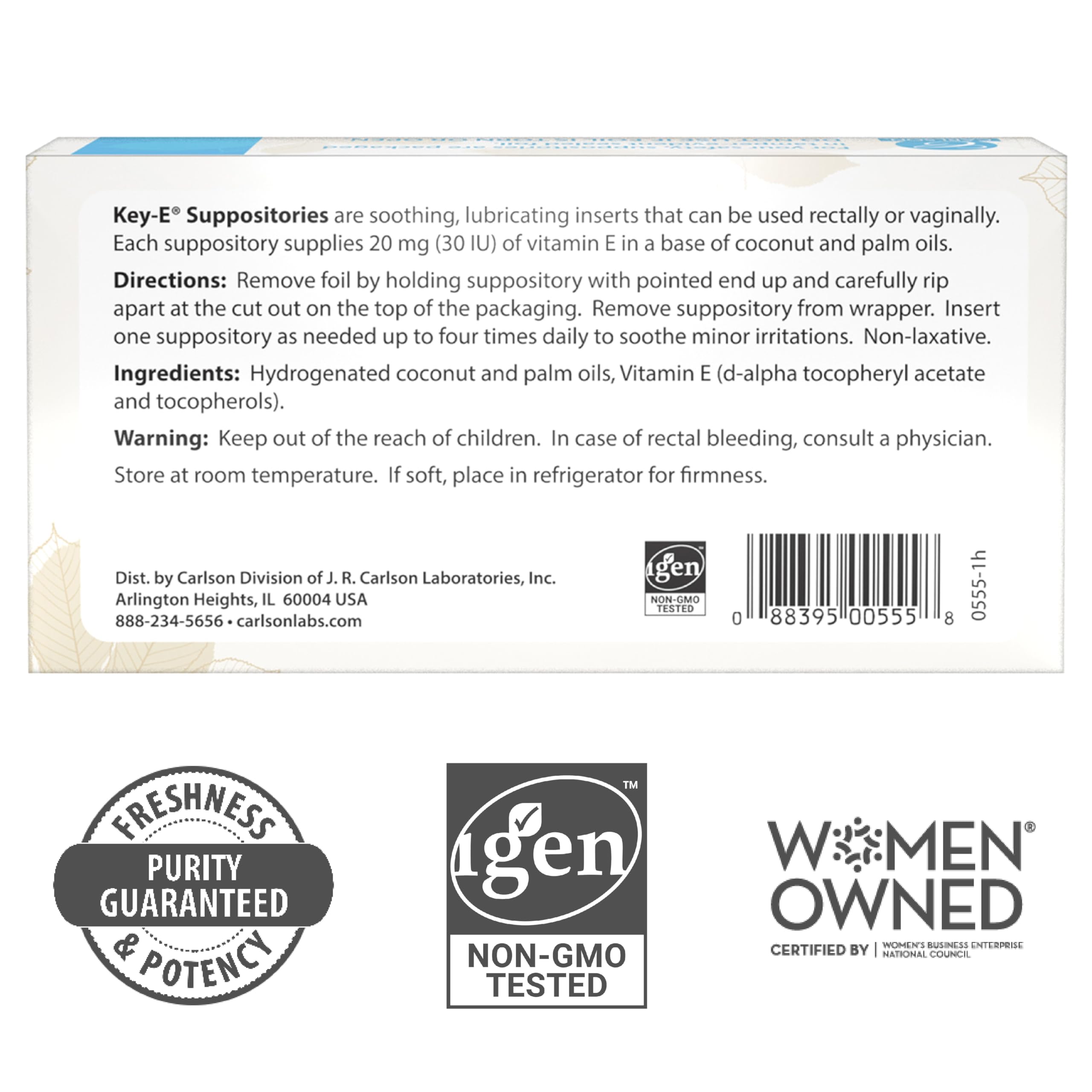 Carlson Key-E Suppositories - 30 IU Vitamin E, Moisturizing Vaginal & Rectal Use, 12 Count